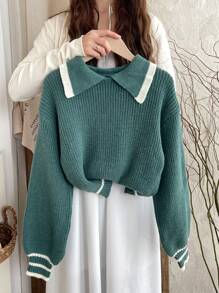 Tween Girls Casual Two-Tone Ruffled Lantern Sleeve Sweater, Autumn/Winter - Green - View 7