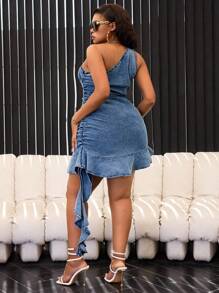 SHEIN SXY Plus Size Women Denim Ruffle Sleeveless Ruched Hem Sexy Midi Dress