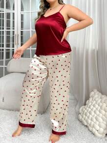 LuxeNights Conjunto de pijama de talla grande con camiseta sin mangas y pantalones largos con bloque de color y estampado de corazones similar a la seda - Burdeos - Ver 6