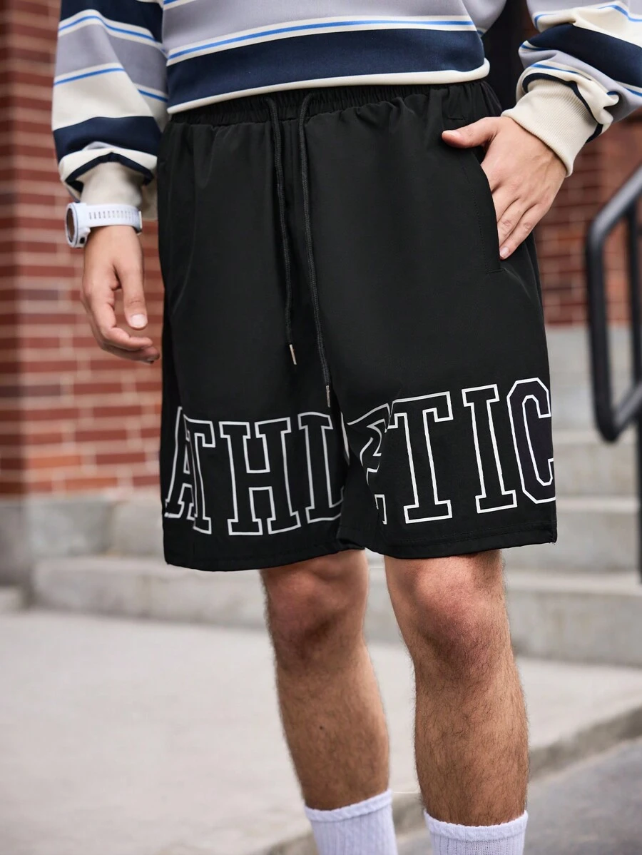 Manfinity Sport Corelite Men's Letter Print Pocket Front Tie Casual Sports Shorts Sweat Pants Black Shorts - Black - View 1