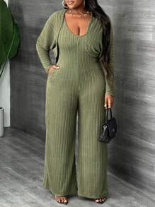 Slaydiva Plus Size Women V-Neck Solid Color Plush Ribbed Green Tracksuit Set, Casual Homewear