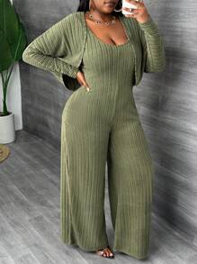 Slaydiva Plus Size Women V-Neck Solid Color Plush Ribbed Green Tracksuit Set, Casual Homewear