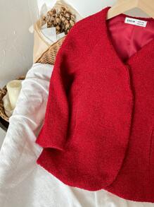 Blossori Young Girls' French Elegant Loose Red Woven Collarless Coat, Autumn/Winter - Red - View 3