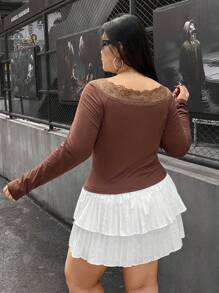 SHEIN EZwear Blusa casual de manga larga con aplicación de encaje y nudo delantero, uso diario, talla grande