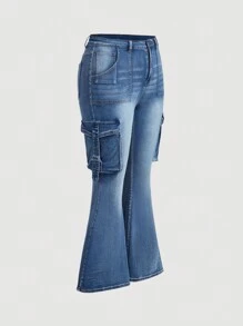 SHEIN ICON Plus Size Sexy Skinny Stretch Denim Flared Jeans, Blue, Fall Women Clothes - Blue - View 5