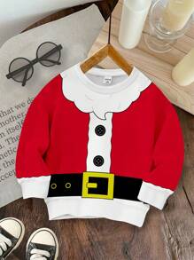 SHEIN Young Boys Casual Loose Round Neck Comfortable Knit Long Sleeve Sweatshirt, Suitable For Autumn/Winter, Featuring Santa Claus, Christmas Tree, Gift, Moose, Line Letters Print In Cute Cartoon Style