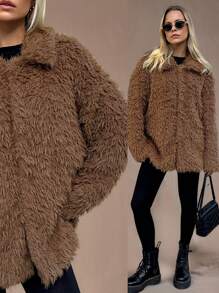 Forever 21 女士纯色长袖宽松休闲夹克，日常穿着 - 咖啡棕 - 查看 9