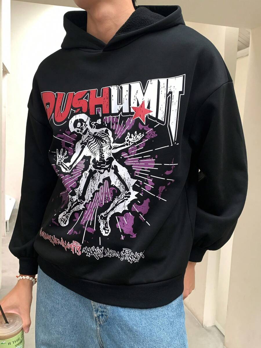 Manfinity Dauomo Men's Casual Skull & Letter Print Hoodie Sweatshirt For Autumn - Black - View 1