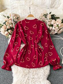 SHEIN LUNE 大码 V 领长袖心形印花休闲衬衫 - 彩色 - 查看 2