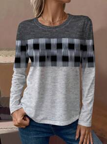 INAWLY 女式圆领长袖 T 恤上衣，格子数码印花休闲衬衫，多色图案 T 恤女式春季上衣