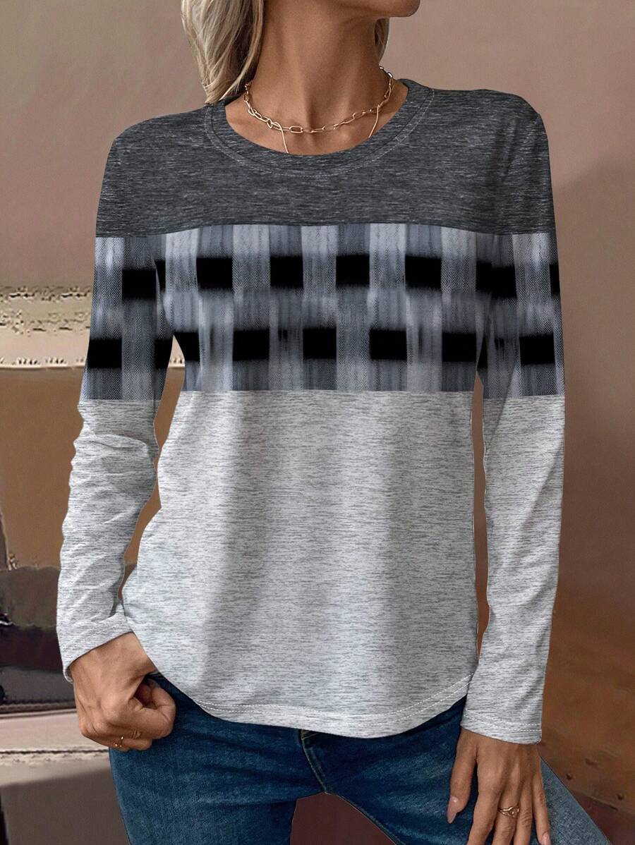 INAWLY 女式圆领长袖 T 恤上衣，格子数码印花休闲衬衫，多色图案 T 恤女式春季上衣