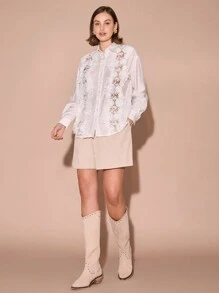 Enchnt 女式秋季撞色蕾丝落肩长袖单排扣衬衫 - 白色 - 查看 4