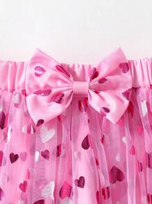 SHEIN Glamorique Kids Young Girl Valentine's Day Prom Skirt, Fuchsia Heart & Bow Decor, Mesh Layers, Sweet & Cute Daily Outfit