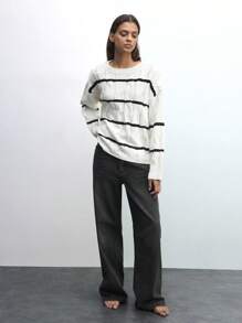 Maija Women's Casual Minimalist Black & White Striped Knitted Sweater, Warm For Autumn/Winter - Black and White - View 7