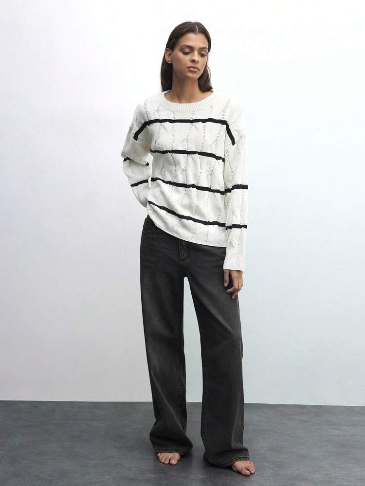 SHEIN Maija Women's Casual Minimalist Black & White Striped Knitted Sweater, Warm For Autumn/Winter