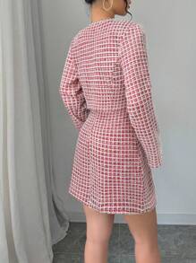 Elenzga 2 件套女士休闲前扣长袖格子上衣和连衣裙套装 - 紅色 - 查看 2