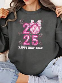 INAWLY 女士宽松休闲圆领落肩卫衣，“2025新年快乐”套头衫，适合新年庆祝秋季穿着 - 深灰色 - 查看 3