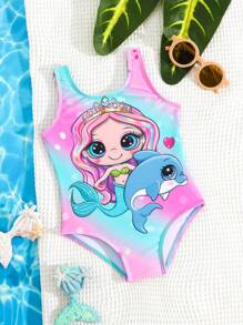 SHEIN Baby Girl Cute Mermaid Rainbow Gradient Cartoon Print One-Piece Swimsuit, Suitable For Beach, Pool, Water Park In Summer