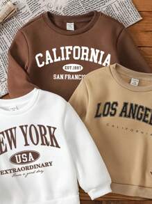 SHEIN 3pcs/Set Baby Boys' Casual Soft Knit Solid Crew Neck Thick Sweatshirts, New York, California, Los Angeles, Suitable For Autumn/Winter