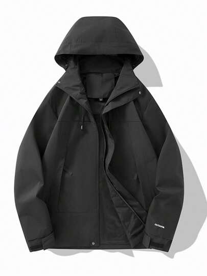 Manfinity Sport Corelite Boyfriend Style Men's Solid Color Long Sleeve Zip Front Hooded Sports Jacket, Waterproof Outdoor Full Zip Up Active Wear Sports Jacket