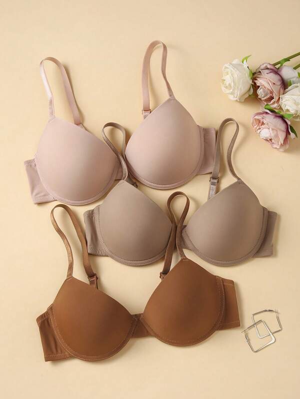 Shein Underwear&Sleepwear Basics 3pcs Women Solid Color Spaghetti Strap Simple Casual Wire Bra Set