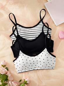3pcs/Set Teen Girl Solid Color, Stripe And Polka Dot Print Casual Lingerie Set