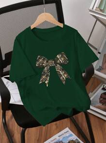 Tween Girl 圣诞休闲圆领短袖蝴蝶结印花简约上衣，日常穿着 - 墨綠色 - 查看 1