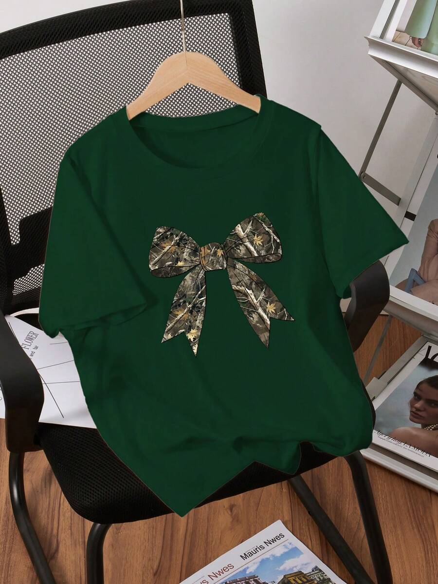 Tween Girl 圣诞休闲圆领短袖蝴蝶结印花简约上衣，日常穿着 - 墨綠色 - 查看 1