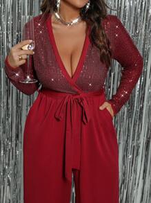 SHEIN Clasi Mono elegante de manga larga con cuello en V, remiendo de lentejuelas y cinturón de unicolor para mujer de talla grande, adecuado para Navidad, Halloween, Año Nuevo, Año Nuevo Chino, otoño/invierno