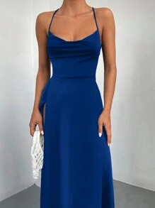 EURMUSE Draped Collar Split Thigh Cami Dress - Blue - View 4