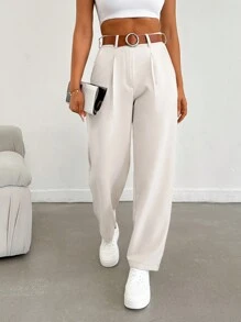 EURMUSE Women Solid Color Pleated Straight Loose Daily Casual Commuting Long Pants - Cream - View 4