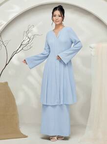 Graceveil Baju Kebaya 纯色 V 领长袖衬衫和长裙波西米亚风服装朴素