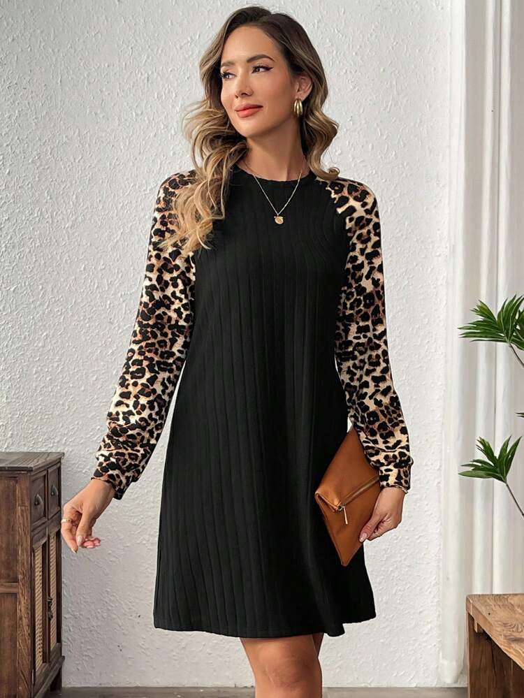 Women Solid Color Patchwork Round Neck Long Sleeve Casual Short Dress