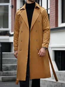Manfinity Homme 男士休闲翻领双排扣系带长款风衣，适合送给朋友、丈夫、男朋友的礼物 - 卡其色 - 查看 4