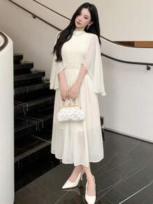 DAZY Women Stand Collar Pleated Ruffle Sleeve Mid-Calf Dress Prom Dress Sundress,Fall Clothes Long Sleeve Dress Wedding Women Dresses Elegant Women Dresses - Beige - View 6