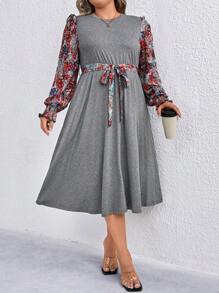 SHEIN LUNE Plus Size Crew Neck Floral Patchwork Casual Dress