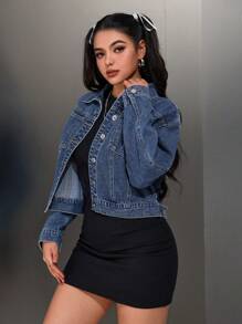SHEIN EZwear Autumn Casual Water-Washed Cropped Denim Jacket - Dark Wash - View 3
