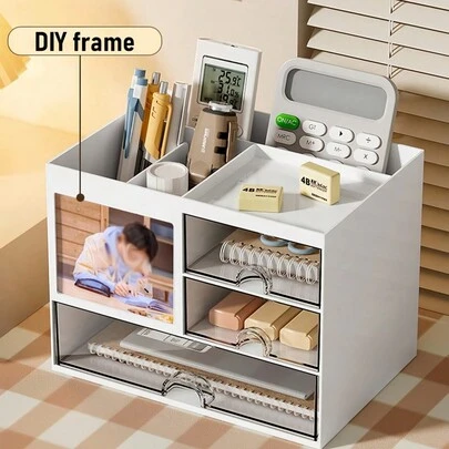 1 件简约桌面抽屉笔筒和文具收纳盒 - 大容量收纳，适用于办公室、学生、艺术和工艺用品 | 可堆叠搁板收纳盒、抽屉柜、学校课桌配件 | DIY 组装收纳盒，适用于铅笔、记号笔、化妆品、办公用品