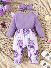 SHEIN Baby Girl Purple Round Neck Waffle Stitching Ruffled Floral Jumpsuit With Headband, Cute Elegant Outfit Suitable For Outdoor, Play, Party & Events, Spring/Autumn - Purple - View 2