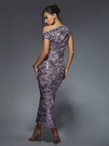 MISSGUIDED Y2K Futuristic Sequin Asymmetric Neckline Draped Off-Shoulder Maxi Dress - Purple - View 2