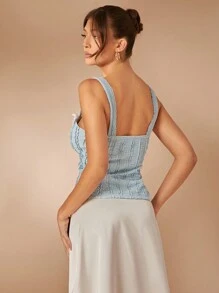 L'Amorae Textured Knit Bow Trim Lace Up Split Hem Top