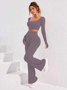 Women Solid Color Crew Neck Long Sleeve Cropped Top And Legging Sports Set Workout Women Set - Dusty Purple - View 8