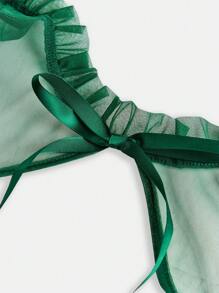 SHEIN Girlism 少女针织拼布透明网眼荷叶边领蝴蝶结泡泡袖连衣裙