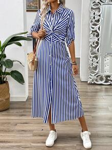 Pariaura 蓝白条纹法式扭纹前缩装饰中长袖女式夏季长裙配扣长款女装 - 藍色 - 查看 5
