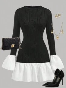 SHEIN Girlism Teen Girls Black & White Round Neck Long Sleeve Knitted Textured Jacquard Petal Sleeve Hem Splice Color Block Elegant Vintage Princess Mini Dress - Black and White - View 1