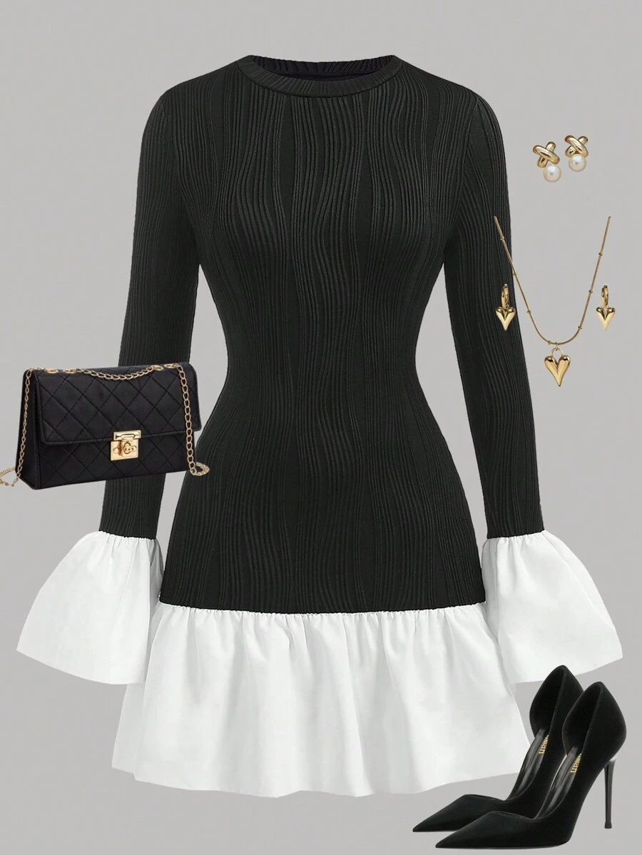 SHEIN Girlism Teen Girls Black & White Round Neck Long Sleeve Knitted Textured Jacquard Petal Sleeve Hem Splice Color Block Elegant Vintage Princess Mini Dress - Black and White - View 1