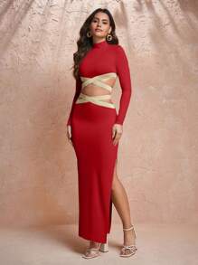Keraye London Soft Lux Collection 设计师针织高领紧身优雅红色连衣裙，适合节日、派对前夜、生日服装、节日、婚礼、舞会礼服 - 紅色 - 查看 7