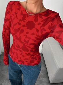 SHEIN Essnce 秋季时尚性感花卉印花系带露背喇叭袖红色长袖 T 恤 - 紅色 - 查看 2