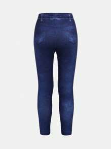 SHEIN Young Girl Minimalist Navy Blue Denim Effect Ripped Long Casual Jeans - Royal Blue - View 2