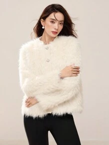 EastFlair 女士白色蓬松大衣，冬季 - 白色 - 查看 5